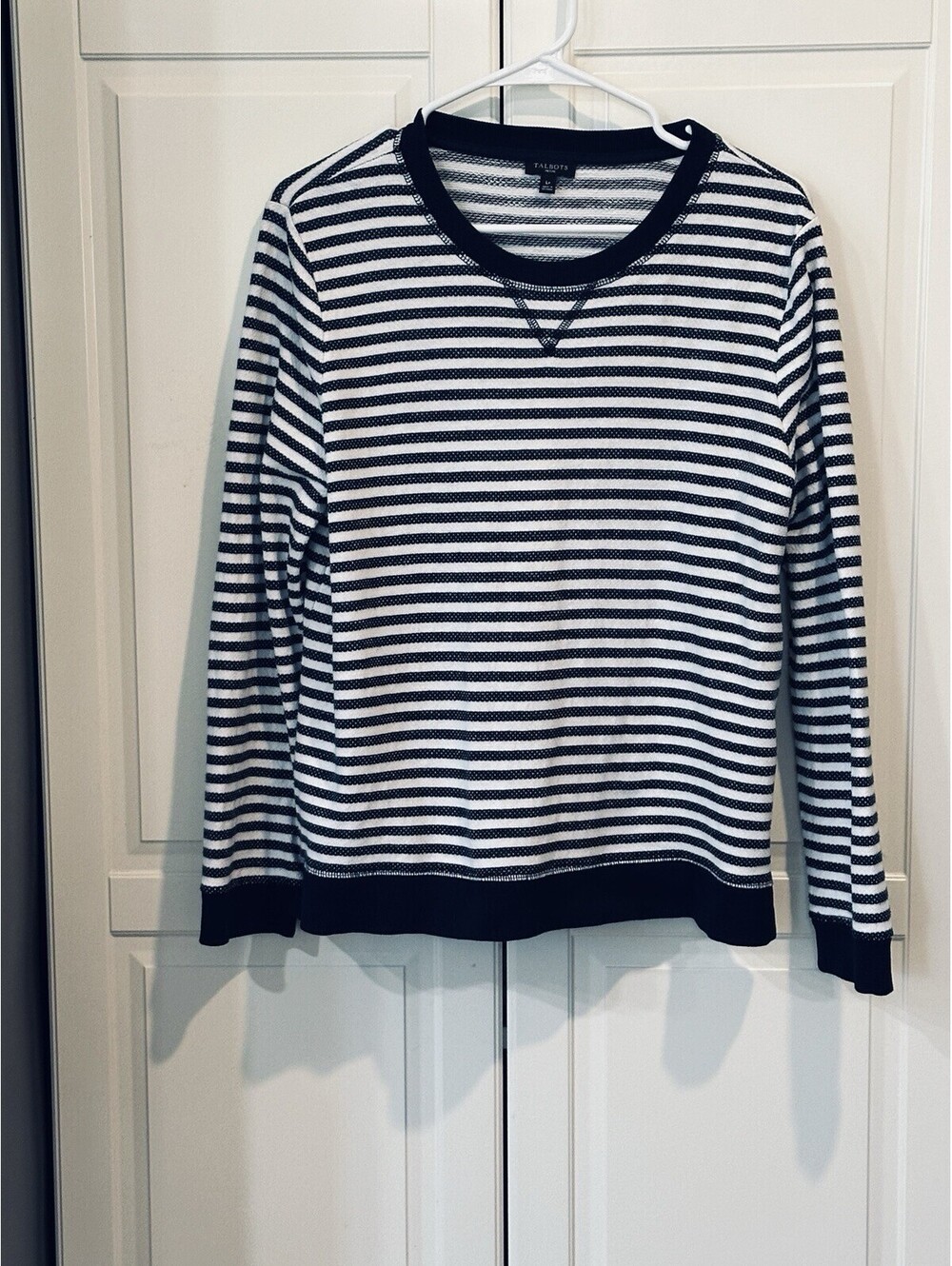 Talbots Navy and White Striped Crew Neck V-Stitch Top With Zipper Sides Size LP